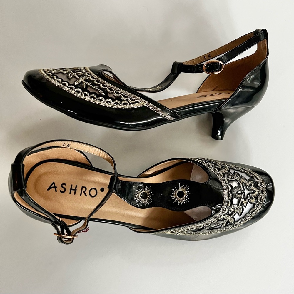 Ashro Black Kitten Heels with Gold Mesh Details and T Ankle Strap Shoes